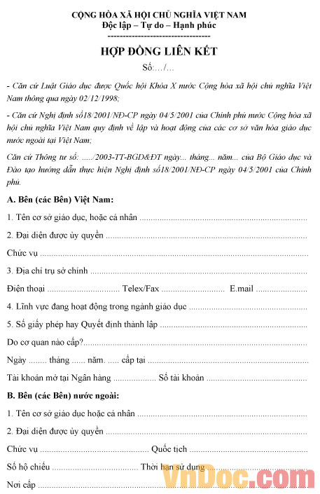 Mẫu hợp đồng liên kết đào tạo