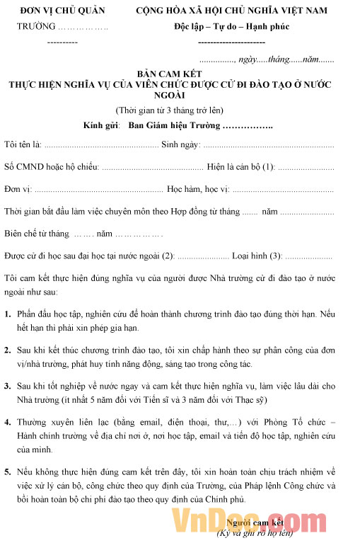 Mẫu cam kết đi đào tạo nước ngoài - Dành cho viên chức