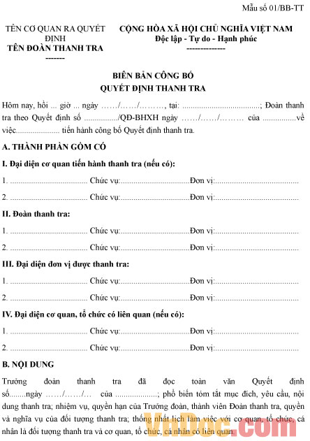 Biên bản công bố quyết định thanh tra BHXH Mẫu số 01/BB-TT: Biên bản công bố quyết định thanh tra BHXH