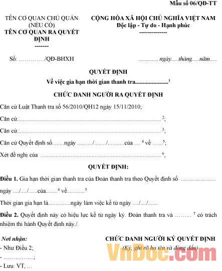 Mẫu số 06/QĐ-TT: Quyết định về việc gia hạn thời gian thanh tra