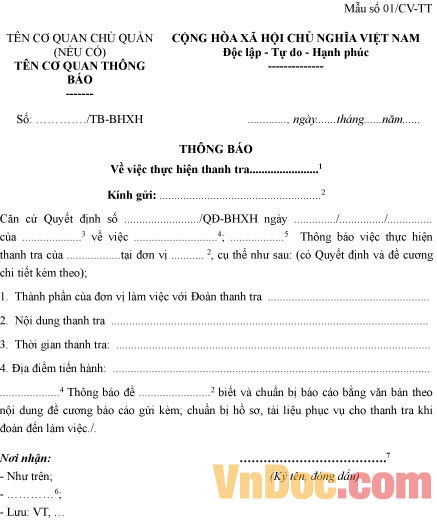 Thông báo về việc thực hiện thanh tra BHXH Mẫu số 01/CV-TT: Thông báo về việc thực hiện thanh tra BHXH