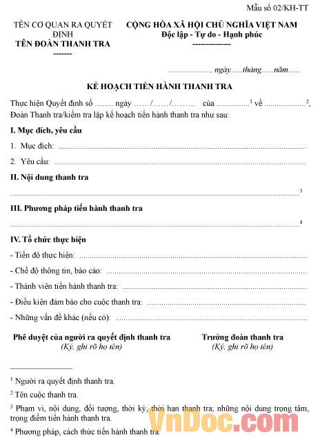 Mẫu số 02/KH-TT: Kế hoạch tiến hành thanh tra