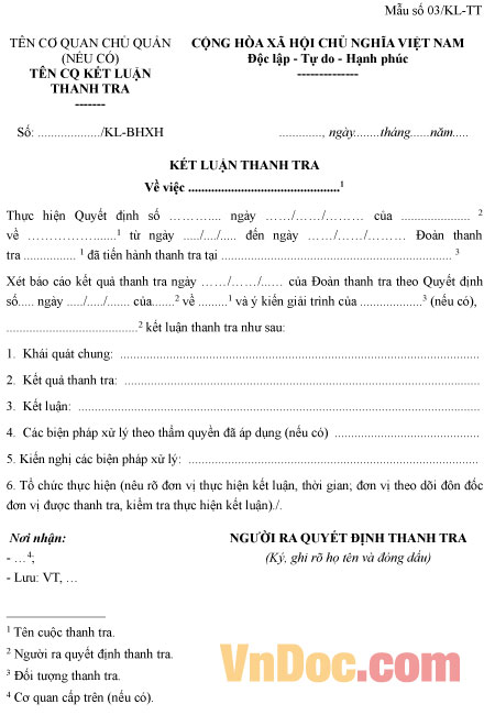 Mẫu số 03/KL-TT: Kết luận thanh tra