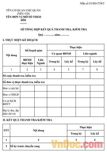 Mẫu số 03/SO-TTKT: Sổ tổng hợp kết quả thanh tra, kiểm tra