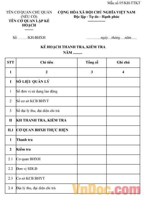 Mẫu số 05/KH-TTKT: Mẫu bảng kế hoạch thanh tra, kiểm tra bảo hiểm
