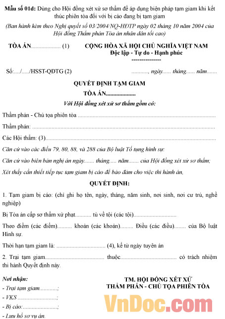 Quyết định tạm giam - Mẫu số 01d