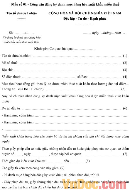 Công văn đăng ký danh mục hàng hóa xuất khẩu miễn thuế Mẫu công văn đăng ký danh mục hàng hóa xuất khẩu miễn thuế