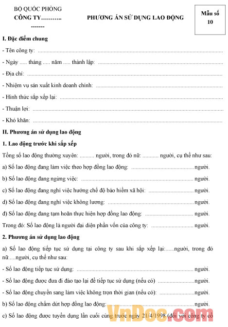 Mẫu phương án sử dụng lao động