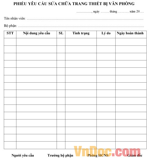 Mẫu phiếu yêu cầu sửa chữa trang thiết bị văn phòng
