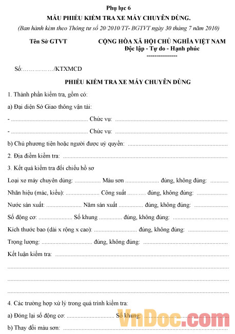 Phiếu kiểm tra xe máy chuyên dùng
