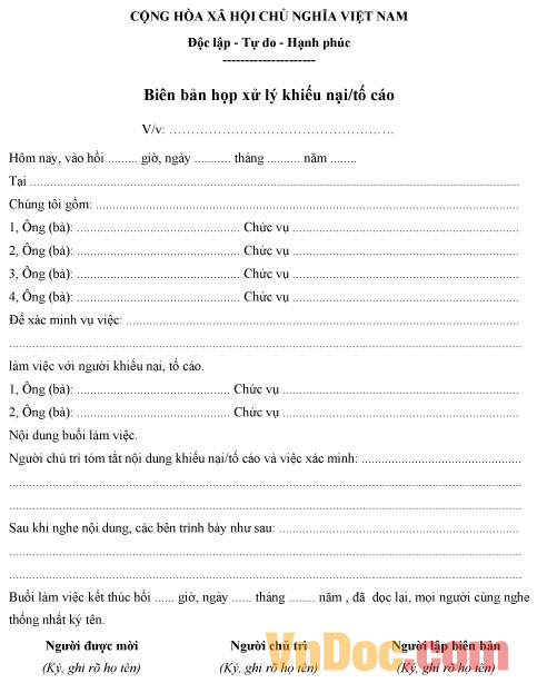 Biên bản họp xử lý khiếu nại/tố cáo Mẫu biên bản họp xử lý khiếu nại/tố cáo