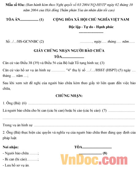 Mẫu giấy chứng nhận người bào chữa