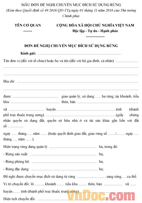 Mẫu đơn đề nghị chuyển mục đích sử dụng rừng