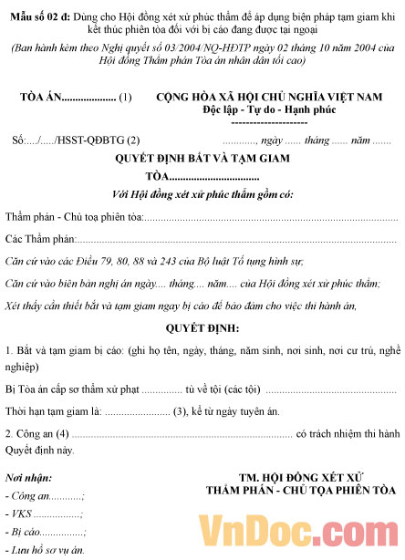 Mẫu quyết định bắt và tạm giam