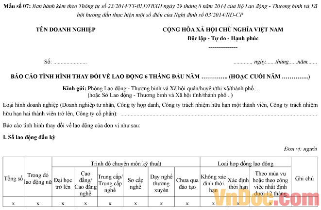 Báo cáo tình hình thay đổi lao động Mẫu báo cáo tình hình thay đổi lao động