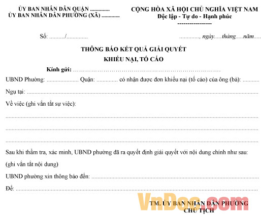Mẫu thông báo kết quả giải quyết khiếu nại, tố cáo