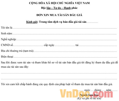 Đơn xin mua lại tài sản đấu giá Mẫu đơn xin mua lại tài sản đấu giá