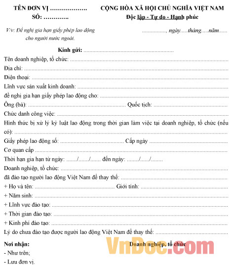 Mẫu đề nghị gia hạn giấy phép lao động cho người nước ngoài Mẫu đề nghị gia hạn Hợp đồng lao động