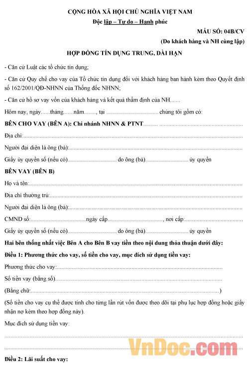 Hợp đồng và phụ lục tín dụng trung hạn và dài hạn Mẫu hợp đồng và phụ lục tín dụng trung hạn và dài hạn