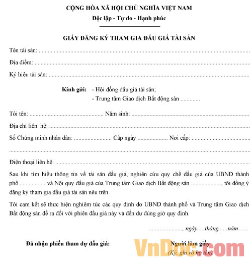 Mẫu giấy đăng ký tham gia đấu giá tài sản