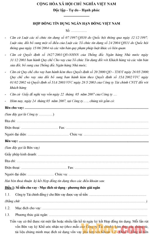Hợp đồng tín dụng ngắn hạn đồng Việt Nam Mẫu hợp đồng tín dụng ngắn hạn đồng Việt Nam