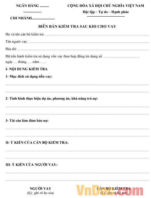 Mẫu biên bản kiểm tra sau khi cho vay 