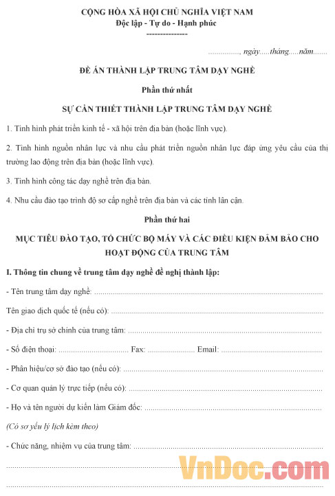 Mẫu đề án thành lập trung tâm dạy nghề