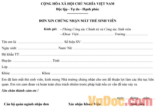 Mẫu đơn xin chứng nhận mất thẻ sinh viên