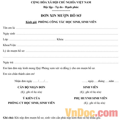 Mẫu đơn xin mượn hồ sơ