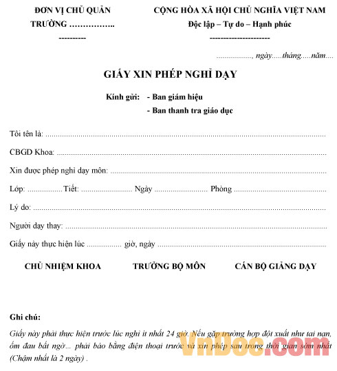 Mẫu giấy xin phép nghỉ dạy mới nhất Mẫu giấy xin phép nghỉ dạy