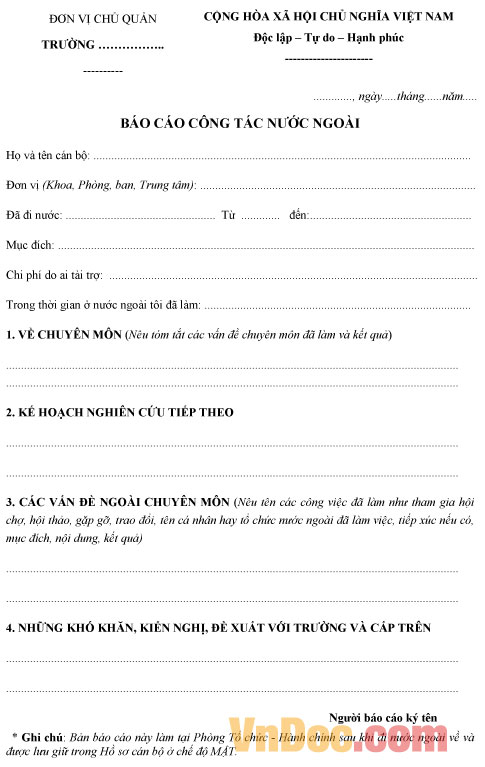 Mẫu báo cáo sau khi đi học tập tại nước ngoài