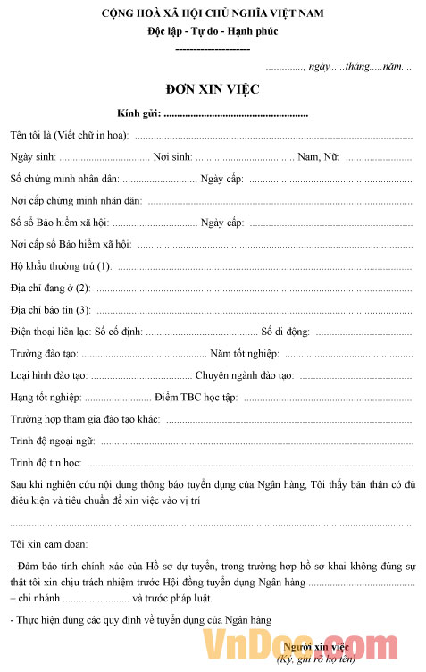 Mẫu đơn xin việc ngành ngân hàng