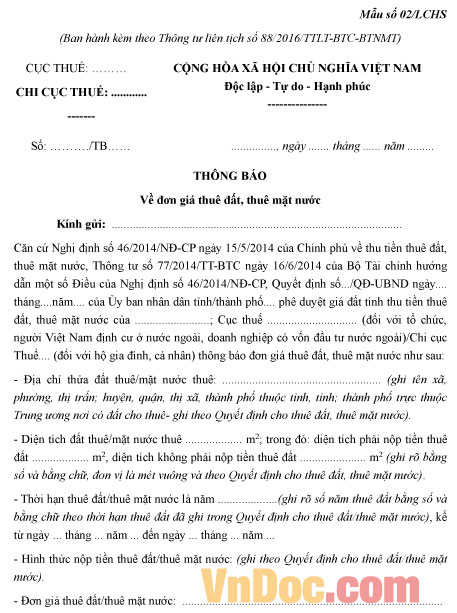 Thông báo về đơn giá thuê đất, thuê mặt nước Mẫu số 02/LCHS: Thông báo về đơn giá thuê đất, thuê mặt nước