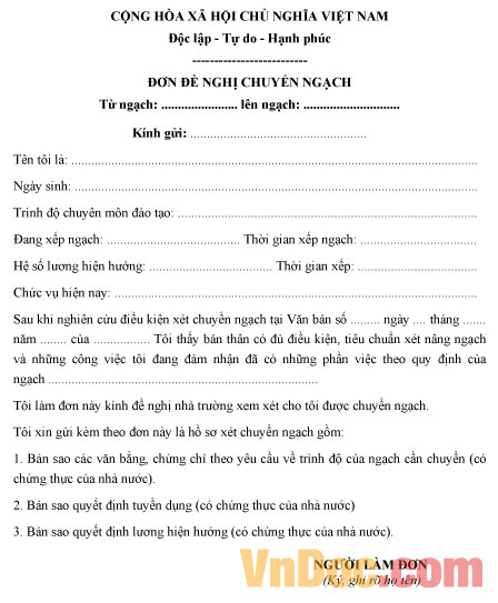 Mẫu đơn đề nghị chuyển ngạch