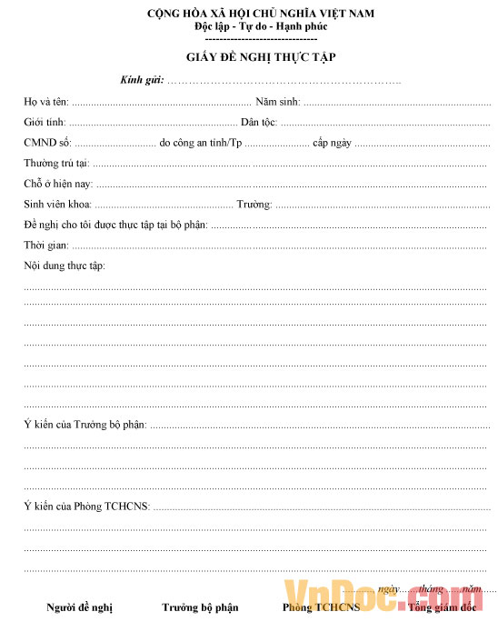 Mẫu giấy đề nghị thực tập