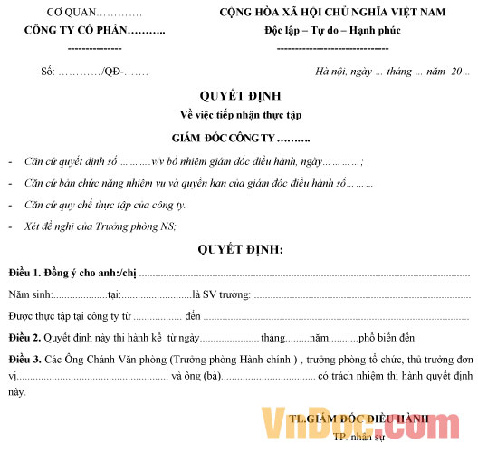 Mẫu quyết định tiếp nhận thực tập