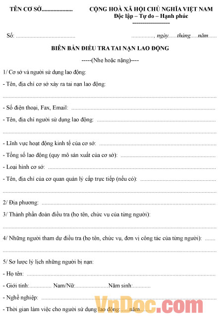 Mẫu biên bản điều tra tai nạn lao động