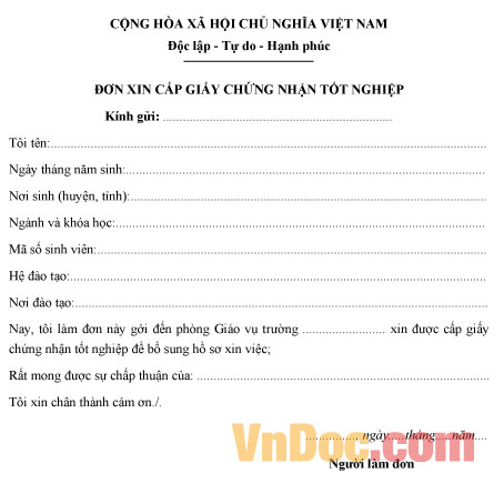 Mẫu đơn xin cấp giấy chứng nhận tốt nghiệp