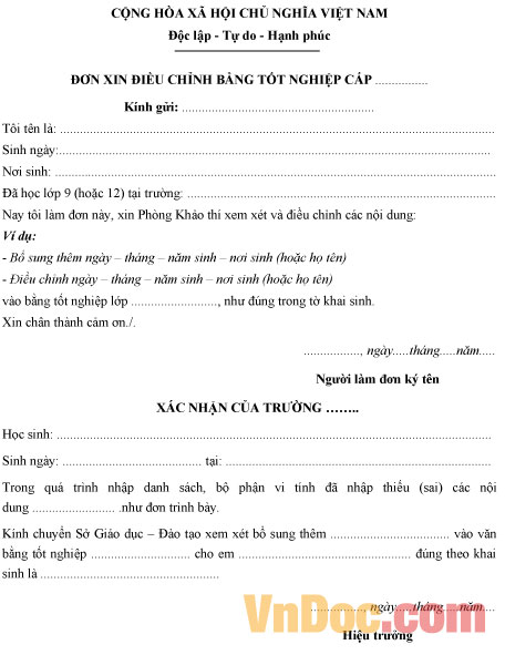 Mẫu đơn xin điều chỉnh bằng tốt nghiệp