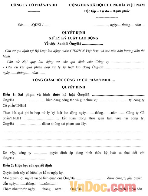 Mẫu quyết định sa thải