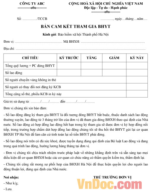 Bản cam kết tham gia Bảo hiểm y tế Mẫu bản cam kết tham gia Bảo hiểm y tế