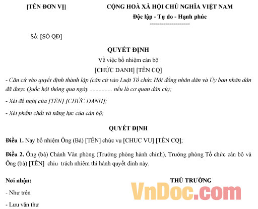 Quyết định bổ nhiệm cán bộ Mẫu quyết định bổ nhiệm cán bộ