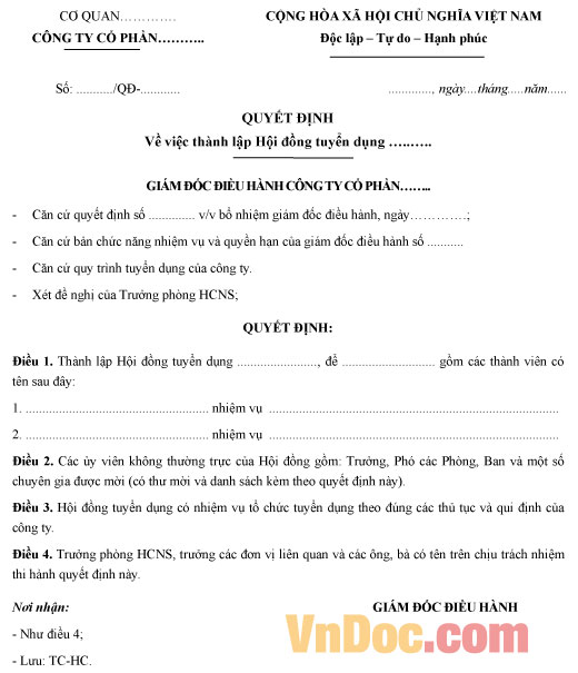 Mẫu quyết định thành lập hội đồng tuyển dụng