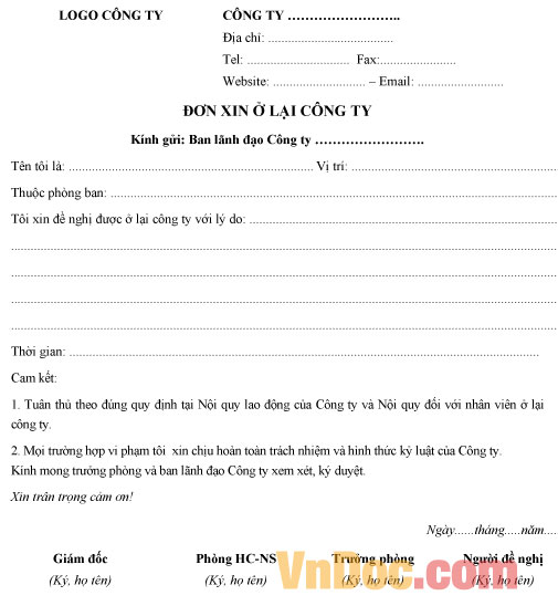 Mẫu đơn xin ở lại công ty