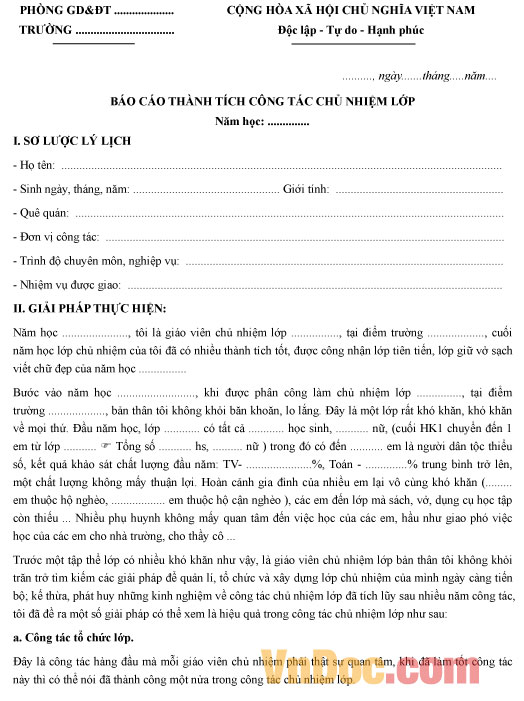 Báo cáo thành tích công tác chủ nhiệm Mẫu báo cáo thành tích công tác chủ nhiệm