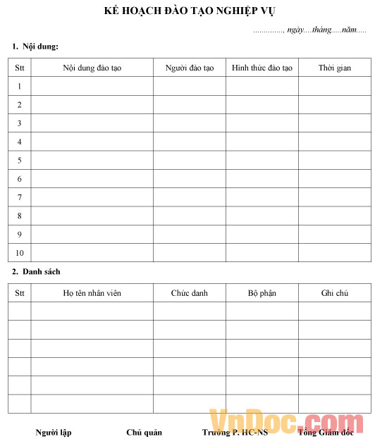 Mẫu kế hoạch đào tạo nghiệp vụ
