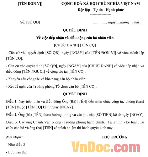 Mẫu quyết định tiếp nhận và điều động cán bộ nhân viên