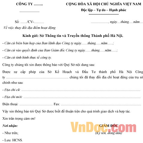 Mẫu công văn xin chuyển địa điểm hoạt động - kinh doanh