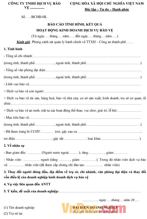 Mẫu báo cáo hoạt động công ty bảo vệ