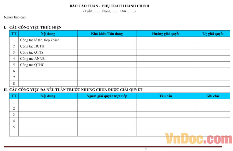 MẪU BÁO CÁO TUẦN - PHỤ TRÁCH HÀNH CHÍNH BÁO CÁO TUẦN - PHỤ TRÁCH HÀNH CHÍNH